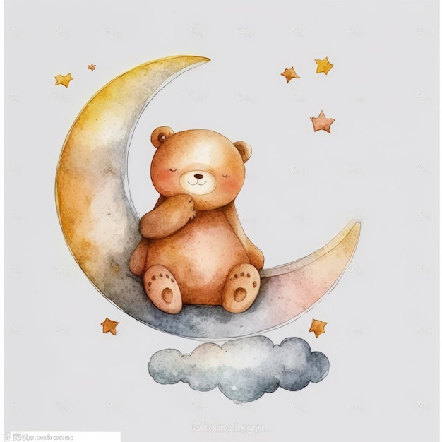 A watercolor drawing of a teddy bear sitting on a moon.