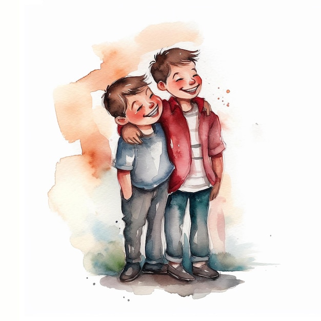 A watercolor drawing of two boys hugging.