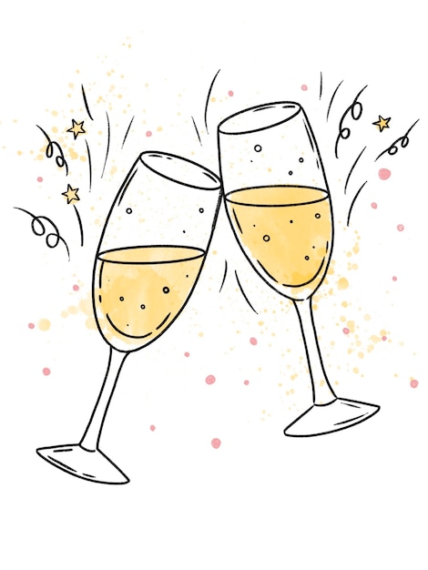 Watercolor drawing two glasses of champagne splashes and celebration