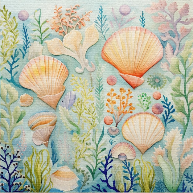 Watercolor drawing of the underwater world pastel colors of marine life