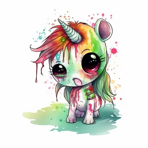 A watercolor drawing of a unicorn with rainbow hair and rainbow hair.