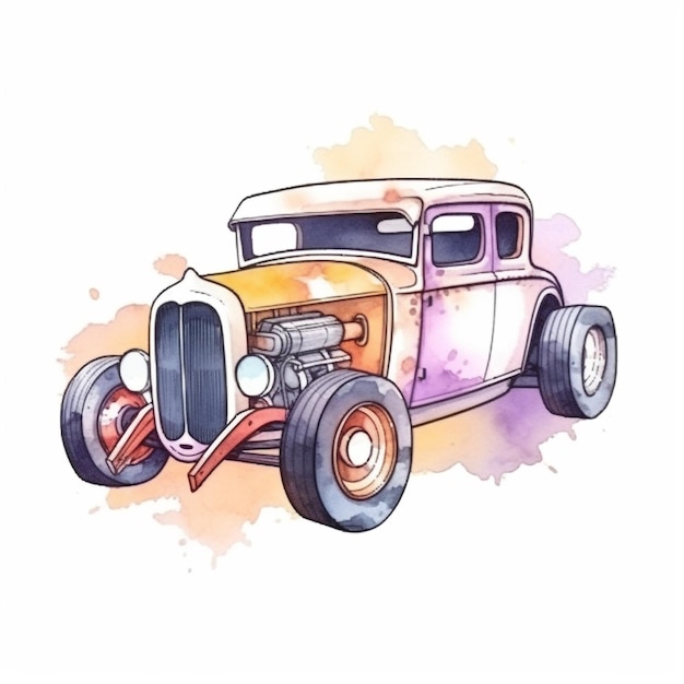 A watercolor drawing of a vintage car with a vintage car engine.