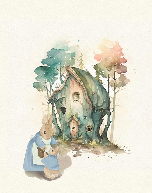 watercolor drawing of a wooden house in the forest and a rabbit, a village house, a house for a rabb