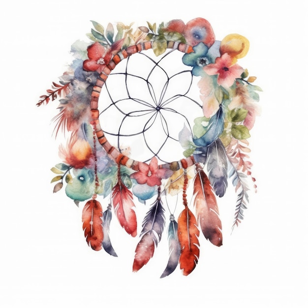 Watercolor dream catcher with feathers and flowers on a white background.