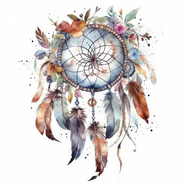 Watercolor dreamcatcher with feathers and flowers on a white background