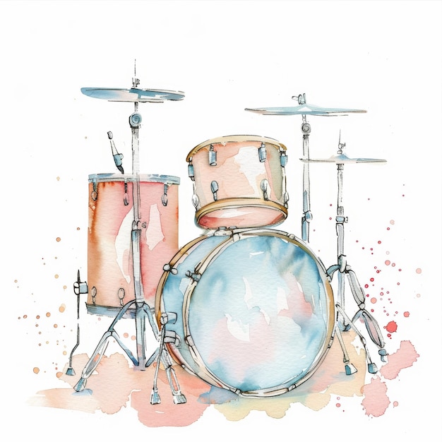 Watercolor Drum Set Art Abstract Musical Illustration with Splashes of Color