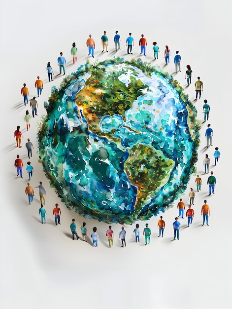 Watercolor Earth and Sustainability Plans with 3D Flat Icon of People Creative Integration for Envi