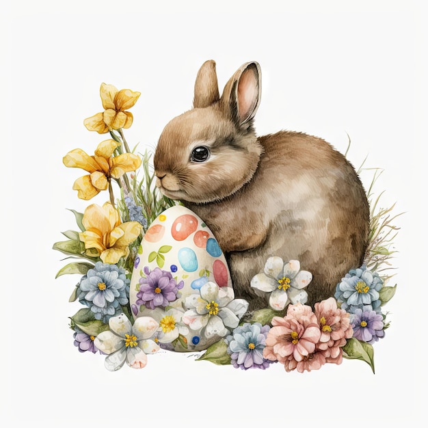 Watercolor easter bunny with spring flowers and easter eggs