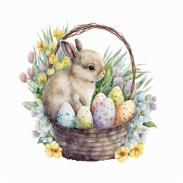 Watercolor easter bunny with spring flowers and easter eggs