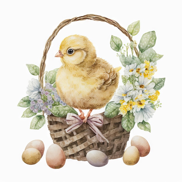 Watercolor easter chicken in basket with spring flowers and easter eggs