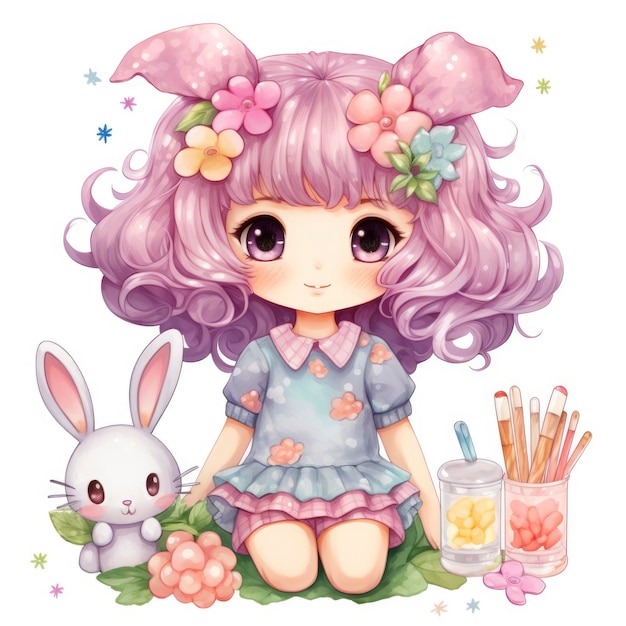 Watercolor Easter day create kawaii pastel chibi girl