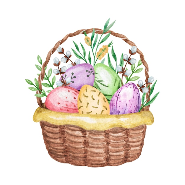 Watercolor Easter eggs basket clipart easter hand drawn illustration