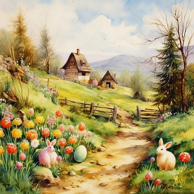 Watercolor Easter Landscape Paper