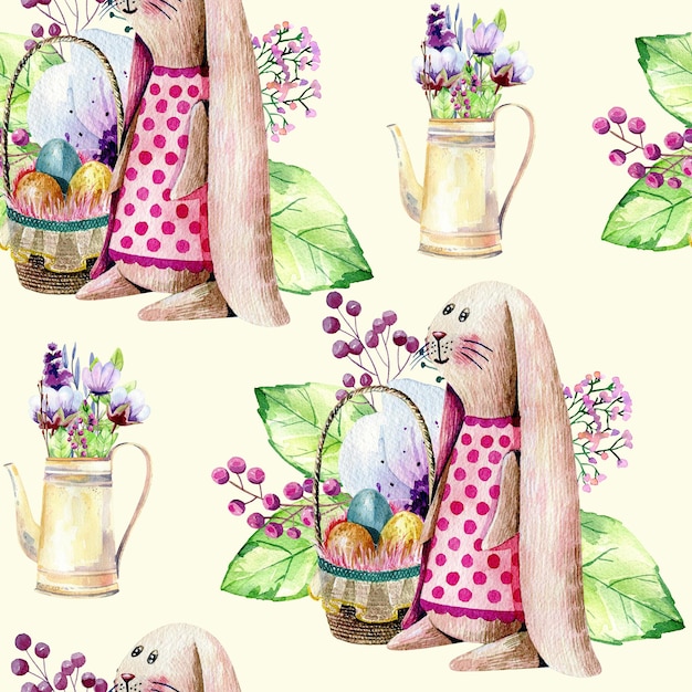 Watercolor easter seamless pattern with basket and bunnies