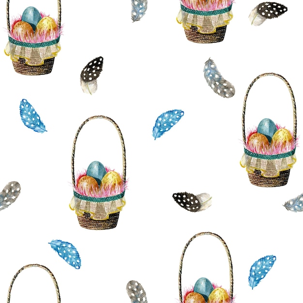 Watercolor easter seamless pattern with basket and feathers