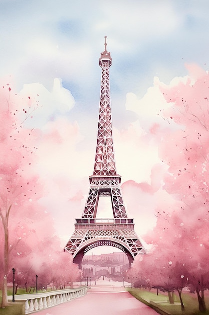 watercolor eiffel tower with copy space