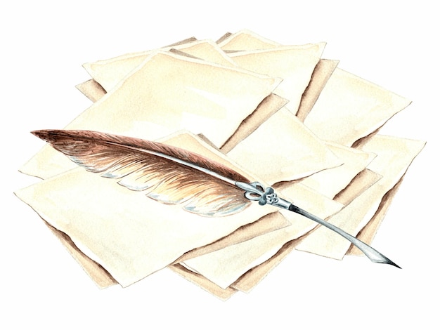 Watercolor elegant feather pen with parchment sheets of paper Illustration old writing stationery