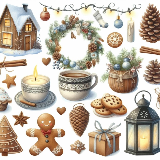 Watercolor elements winter hygge clipart with cone cookies garlands houses and gloves