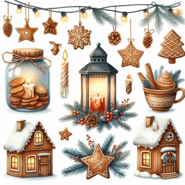 Watercolor elements winter hygge clipart with cone cookies garlands houses and gloves