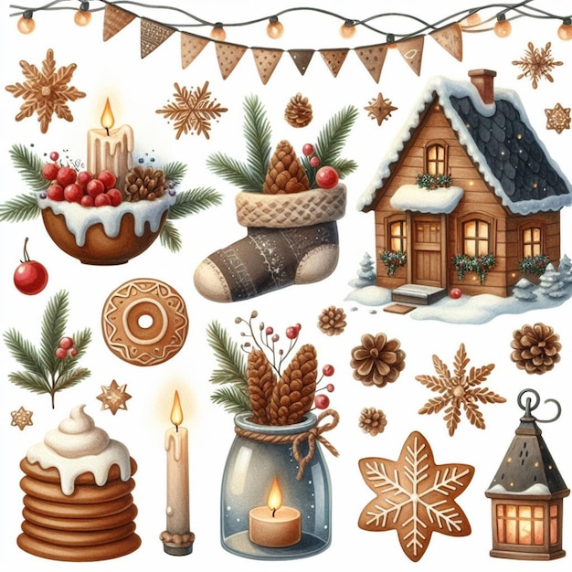 Watercolor elements winter hygge clipart with cone cookies garlands houses and gloves