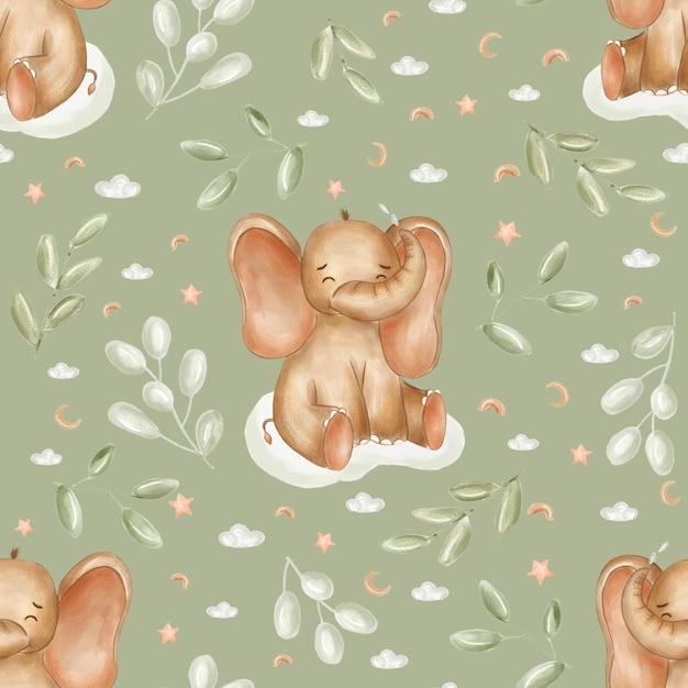 Watercolor elephants for nursery, seamless  pattern on ligth green background. Cute baby elefants in boho style. Use for textile, nursery, wallpapers, wrappers, kids room.