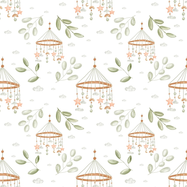 Watercolor elephants for nursery, seamless  pattern on white background. Cute baby elefants in boho style. Use for textile, nursery, wallpapers, wrappers, kids room.