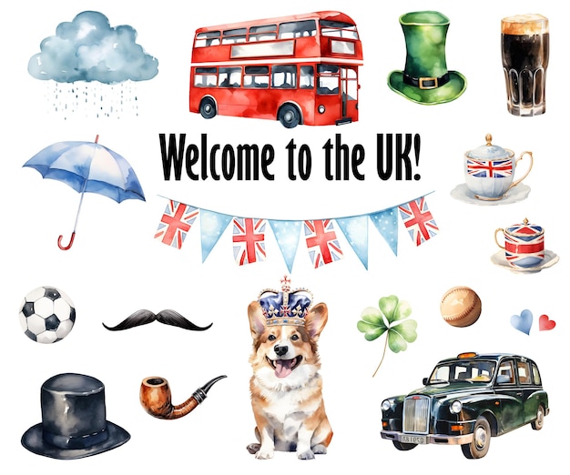 Photo watercolor england symbols welcome to the uk elements travel icons london england uk symbol