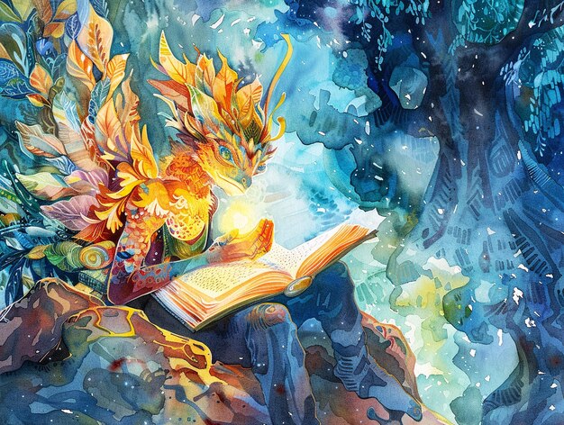 Watercolor An ethereal studious creature bathed in vibrant