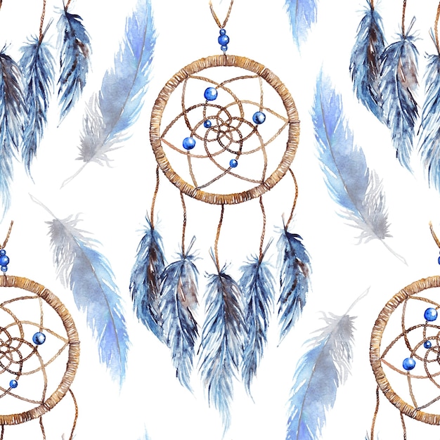 Watercolor ethnic tribal hand made feather dream catcher seamless pattern