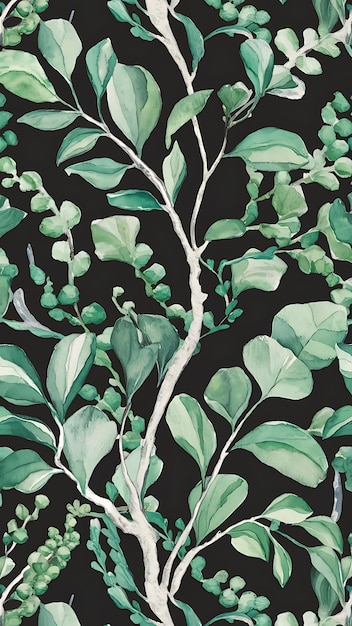 Photo watercolor eucalyptus branches and leaves seamless pattern hand painted on a dark background