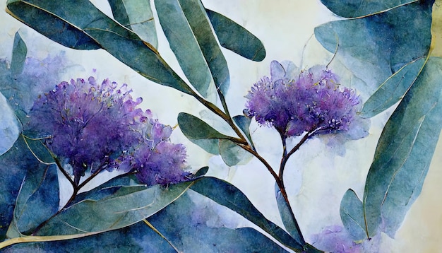 Watercolor eucalyptus leaves and purple lavender flower