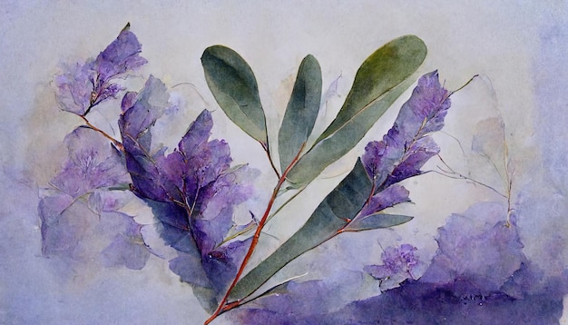 Watercolor eucalyptus leaves and purple lavender flower