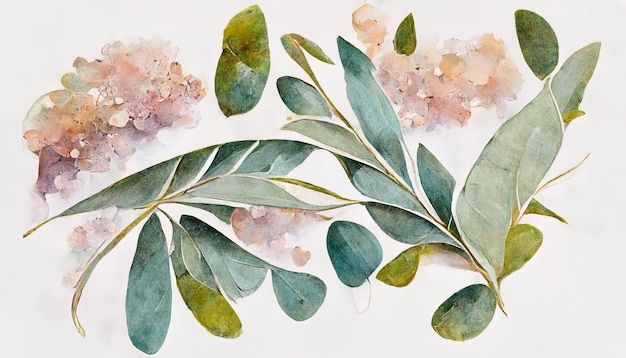 Watercolor Eucalyptus leaves seamless border