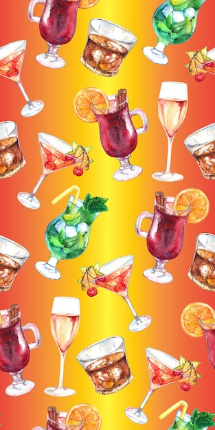 Watercolor exotic drink alcohol cocktail seamless pattern texture