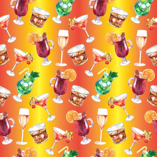 Watercolor exotic drink alcohol cocktail seamless pattern texture