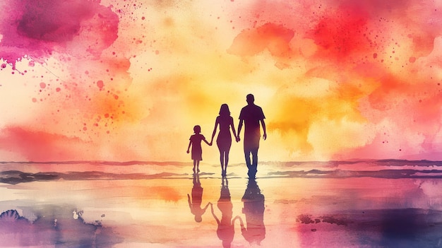 Photo watercolor family silhouette walking on beach at sunset