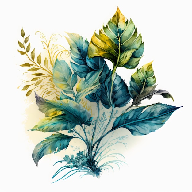 Watercolor of a fantastic plant with beautiful leaves in blue and green