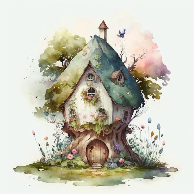 Watercolor Fantasy Fairy House Home Creative Illustration