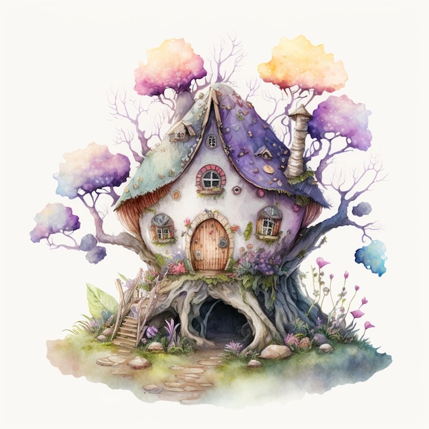 Watercolor Fantasy Fairy House Home Creative Illustration