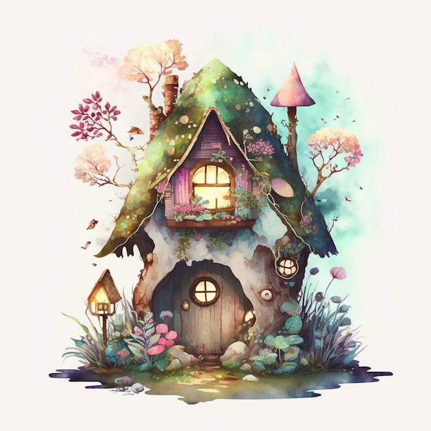 Watercolor Fantasy Fairy House Home Creative Illustration