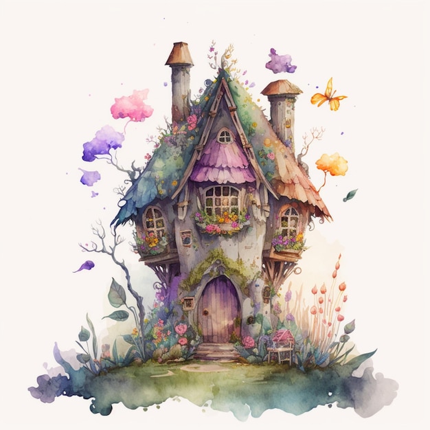 Watercolor Fantasy Fairy House Home Creative Illustration