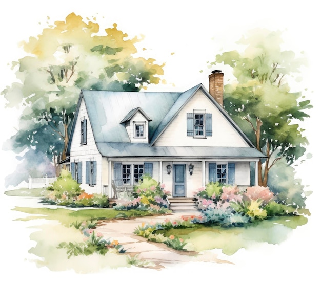 Watercolor fantasy farmhouse illustration