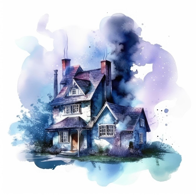 Watercolor fantasy farmhouse illustration