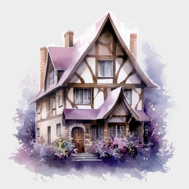 Watercolor fantasy farmhouse illustration