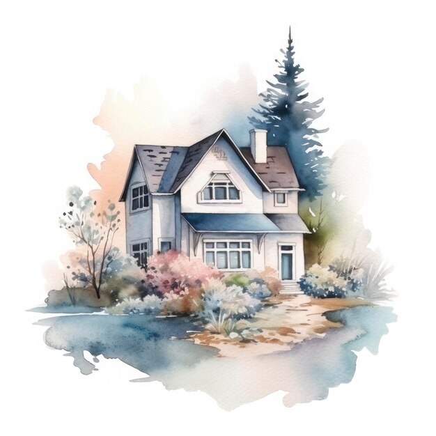 Watercolor fantasy farmhouse illustration