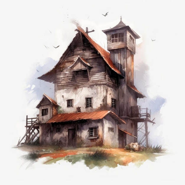 Watercolor fantasy farmhouse illustration