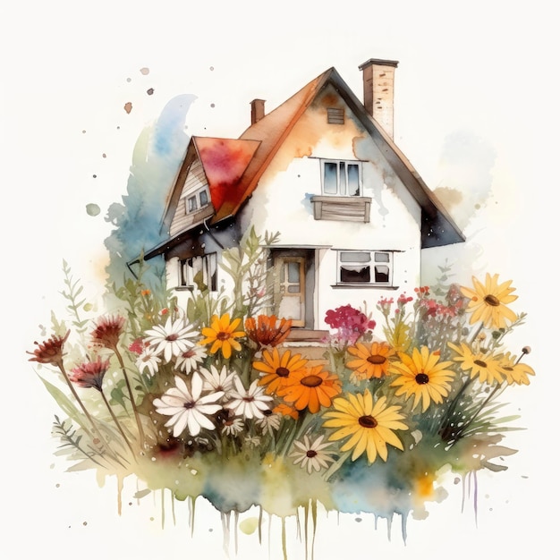 Watercolor fantasy farmhouse illustration