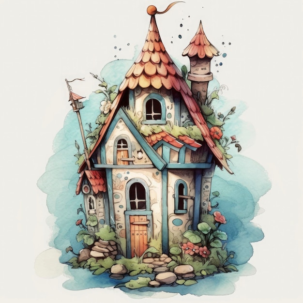 Watercolor fantasy farmhouse illustration