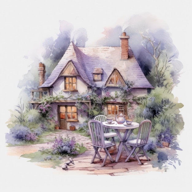 Watercolor fantasy farmhouse illustration