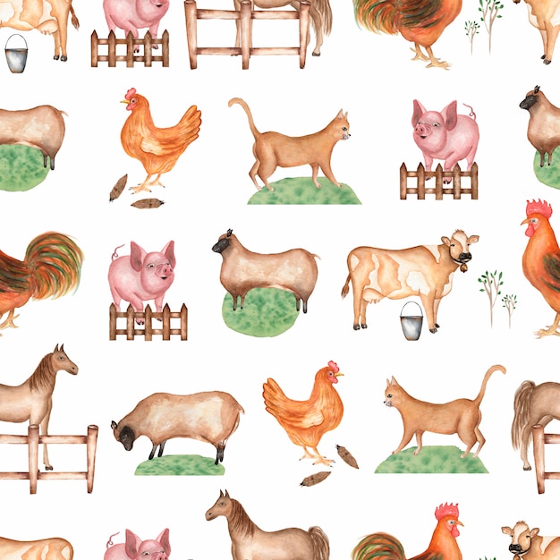 Watercolor farm  seamless pattern. 